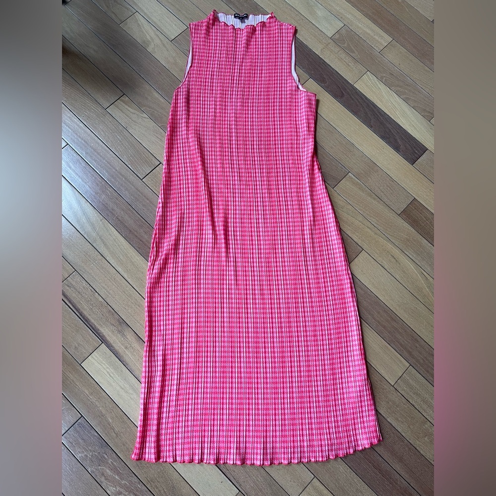 Whistles Pink Houndstooth Plissé Midi Chic Dress Pleated Sleeveless US 16 - Picture 4 of 11